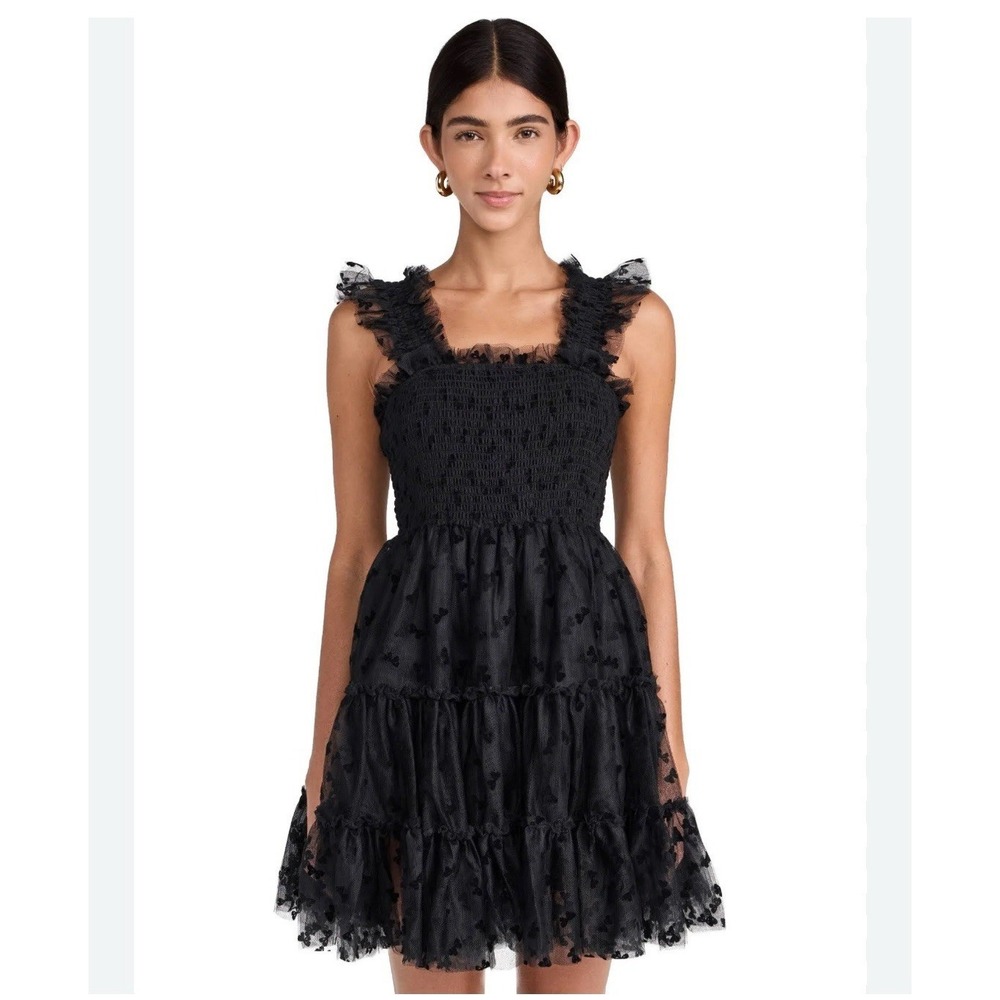 En Saison Casey Flutter Mini Dress Black Size Medium Embroidered Bows